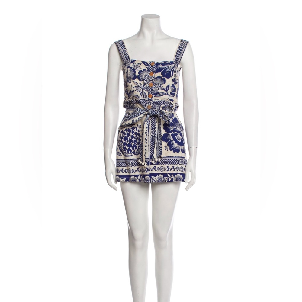 Farm Rio square neckline blue printed romper